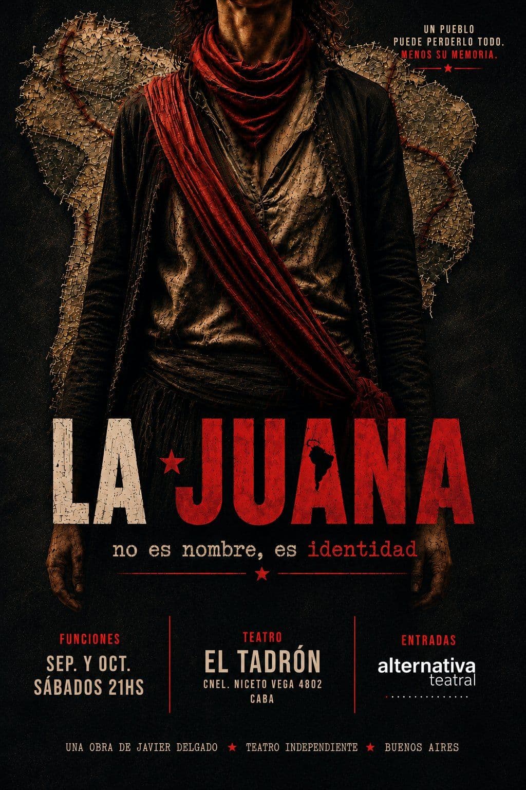 Afiche de La Juana: una figura con una banda roja sobre un fondo dorado