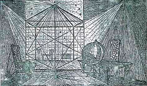 Dibujo escenográfico de Gastón Breyer, con líneas de fuga y un globo terráqueo